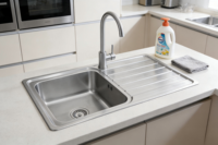 Évier de cuisine moderne en acier inoxydable à cuve unique carrée de petit diamètre, 90x50, avec égouttoir, installation encastrée ou surélevée, vente en gros
