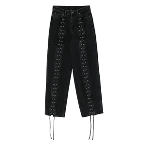 Dames 100% Katoenen Gewone Zwarte <span class=keywords><strong>Jeans</strong></span> 360 Gram Ademende Mid-Taille Heavy Verwijderbare Knop Casual Straight Tube Mode - Product Image 2