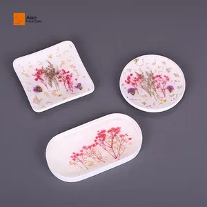 New customized Transparent resin tray with dry flower and gold foil embedded inside square circular soap dish jewelry tray