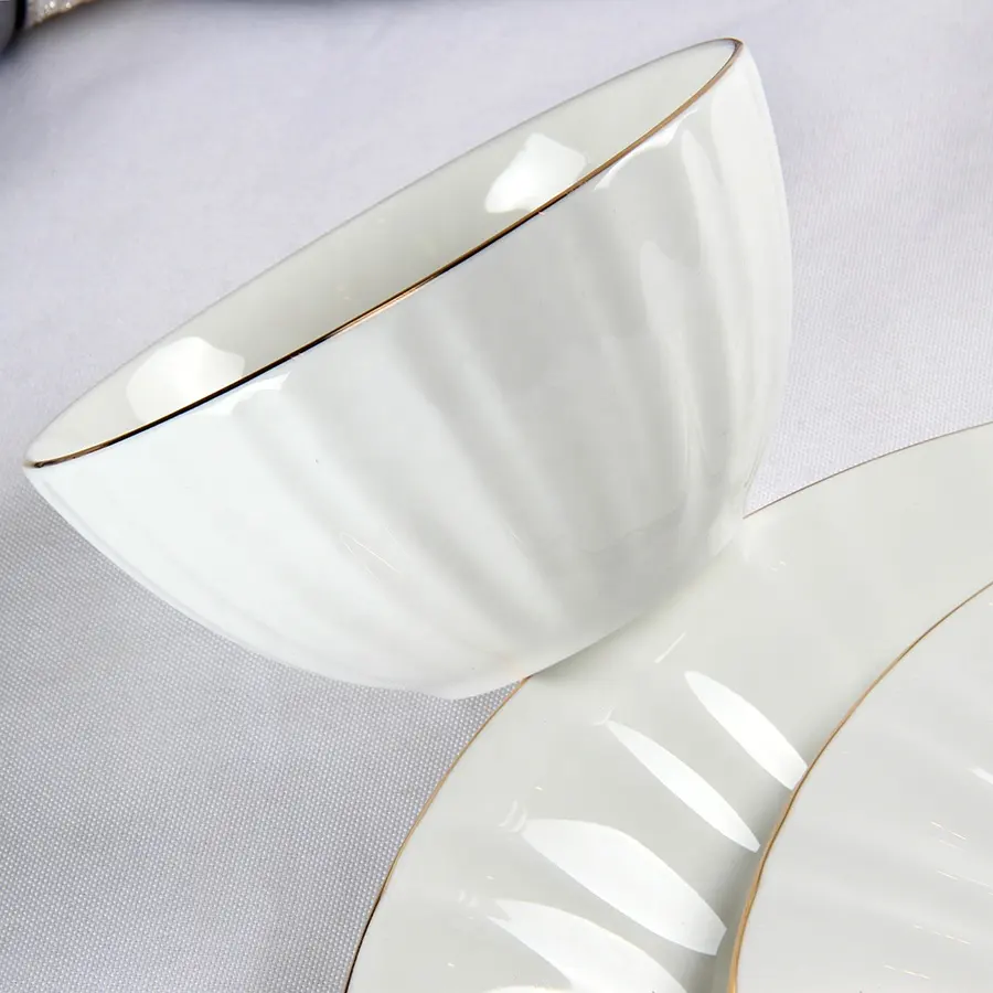 Wedding Ceramic Dinner plate bowl mug coffee cup Gold line White Bone china embossed tableware dinnerware set