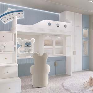 Precioso juego de muebles de madera ecológicos para dormitorio infantil con decoración de oso, litera ajustable y extensible con forma de barco y armario integrado. - Product Image 4