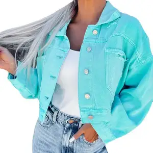 Factory price Women Rhinestone Back Fringe Denim Distressed Cropped Top Jean Jacket Button Down Shacket For Women