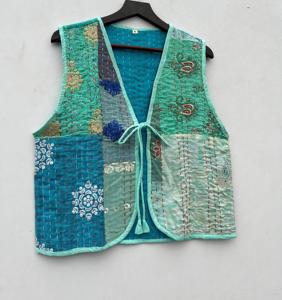 Handmade <b>Women's</b> Cotton Kantha Vests <b>Waistcoats</b> Comfortable Open Front Bedspread with Short V-Neck Design <b>for</b> Outer Wear - Product Image 3