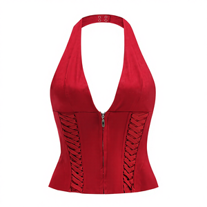Top Corto Ajustado con Tirantes para Mujer, Sexy, Cuello en V, Espalda Descubierta, Corsé de Verano con Cordones, <span class=keywords><strong>Camiseta</strong></span> Roja - Product Image 1