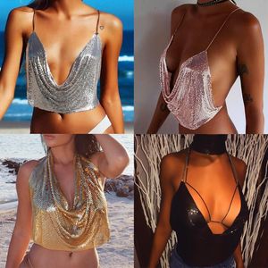 Top Corto de Verano con Lentejuelas Metálicas para Mujer, Sexy, Brillante, Textura Metálica, Tirantes, Espalda Descubierta, Bralette, Camisola - Product Image 5