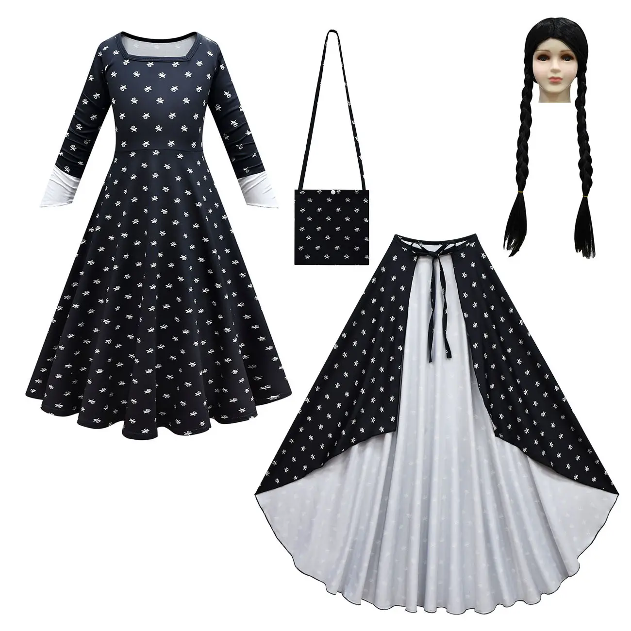 New Adams Family Cosplay Costume Wednesday Adams Floral Dress for Girls 3-12 anni Gothic Black Party Dress Kids Comic Con Outfit