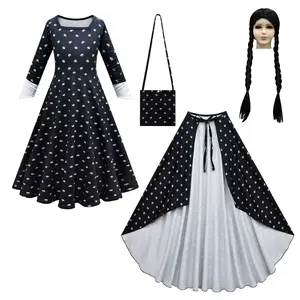 New Adams Family Cosplay Costume Wednesday Adams Floral Dress for Girls 3-12 Yrs Gothic Black Party Dress Kids Comic Con Outfit