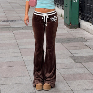 Retro Casual Breathable <b>Ladies</b> <b>Velvet</b> Straight Pants White Floral Embroidery Contrast Trim Drawstring Low Rise Flare <b>Trousers</b> - Product Image 2