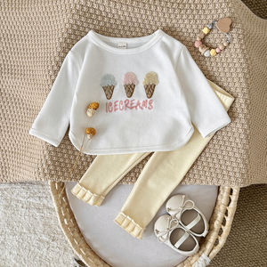 Sonbahar İlkbahar Yeni Tatlı Dondurma Karikatür İşlemeli Pamuklu Uzun Kollu İki Parçalı Yuvarlak Yaka Bebek Kız Elbise Takımı - Product Image 5