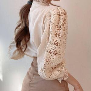 Women's Gothic Casual Long-Sleeve Lace Blouse French Stand Collar Button Hollow Flowers Solid Color <b>Patchwork</b> <b>Tops</b> Summer - Product Image 2