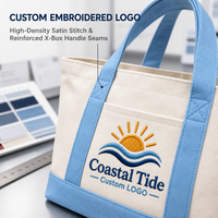 Sac fourre-tout en toile brodé avec logo personnalisé, sac à main Coastal Tide Boat avec poche avant, sac en coton robuste pour la plage et les trajets quotidiens