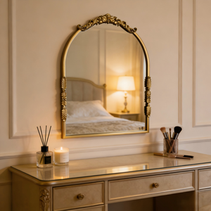 Luxe vintage gegraveerde boogspiegel, gouden sierlijk ijzeren frame decoratieve spiegel voor entree woonkamer - Product Image 3
