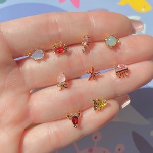 Cute Marine Earring Set - Copper Gold Plated Starfish <strong>Crab</strong> Seahorse Jellyfish Stud Earrings for Women Gemstone Beach <strong>Jewelry</strong> - Product Image 3