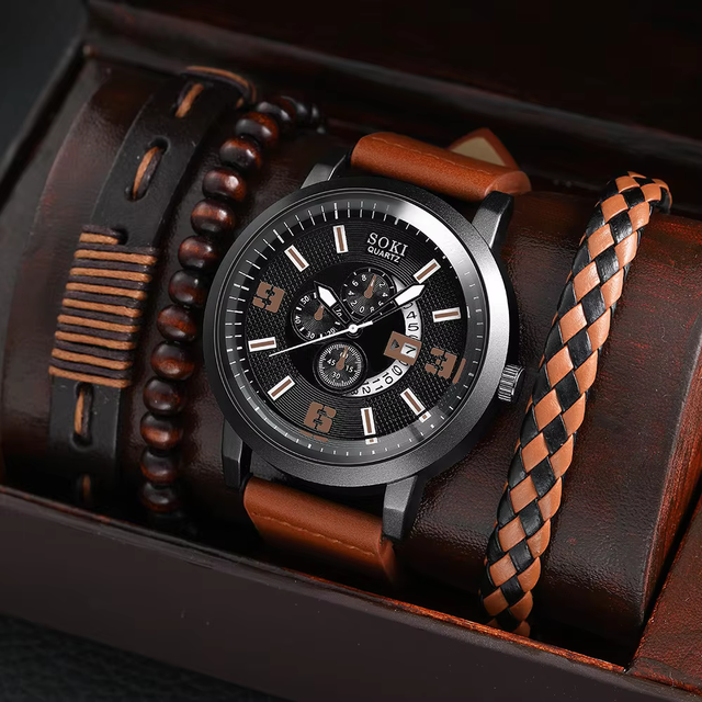 SOKI New Men's Business Alloy 4 Pcs Jewelry Set Casual Leather Strap Number Date Quartz Wristwatch Fashion Watch