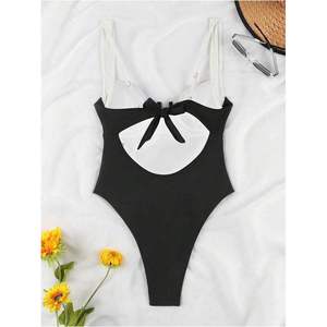 Traje de baño de una pieza personalizado para mujer, corte alto, push-up, cuello cuadrado, ribete en contraste, licra, nailon, ropa de playa - Product Image 2