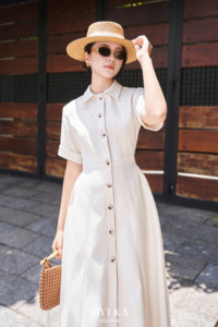 Vestido Midi Elegante para Mujer con Botones Delanteros, Corte en A, VIVI KA, Casual, Tejido Sólido, Mezcla de Microfibra, Cintura Alta, Disponible en Stock - Product Image 2