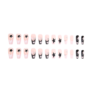 Faux ongles Y2K à presser, 24 pièces, nude et noir, forme cercueil, réutilisables, couvrance totale, en acrylique avec motif étoile - Product Image 4