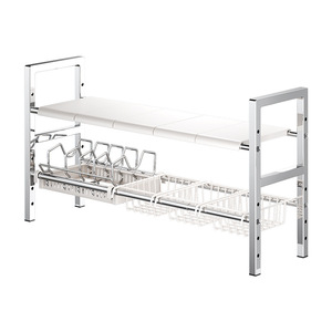 Étagère de rangement en acier inoxydable pour évier avec panier, 2 niveaux, extensible, pour cuisine, organisateur de comptoir multifonctionnel - Product Image 2