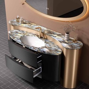 Meuble-lavabo de salle de bain en acier inoxydable Bokejia, sur mesure avec miroir lumineux, design moderne et minimaliste - Product Image 2