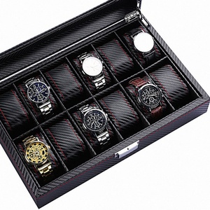 Customized Logo Luxury Carbon <b>Black</b> PU Leather Clear Window Packaging <b>Box</b> for 6 12 Slots Watches Organizer Storage case - Product Image 3
