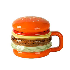 Tasse à eau créative en forme de hamburger, tasse en céramique pour la maison avec couvercle, tasse de petit-déjeuner grande capacité, tasse mignonne pour couple. - Product Image 5