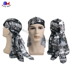 Meilleures ventes Bandana en satin <span class=keywords><strong>Durag</strong></span> extra long à nouer personnalisé Wraps de tête ondulée Durags soyeux avec logo imprimé pour hommes - Product Image 5