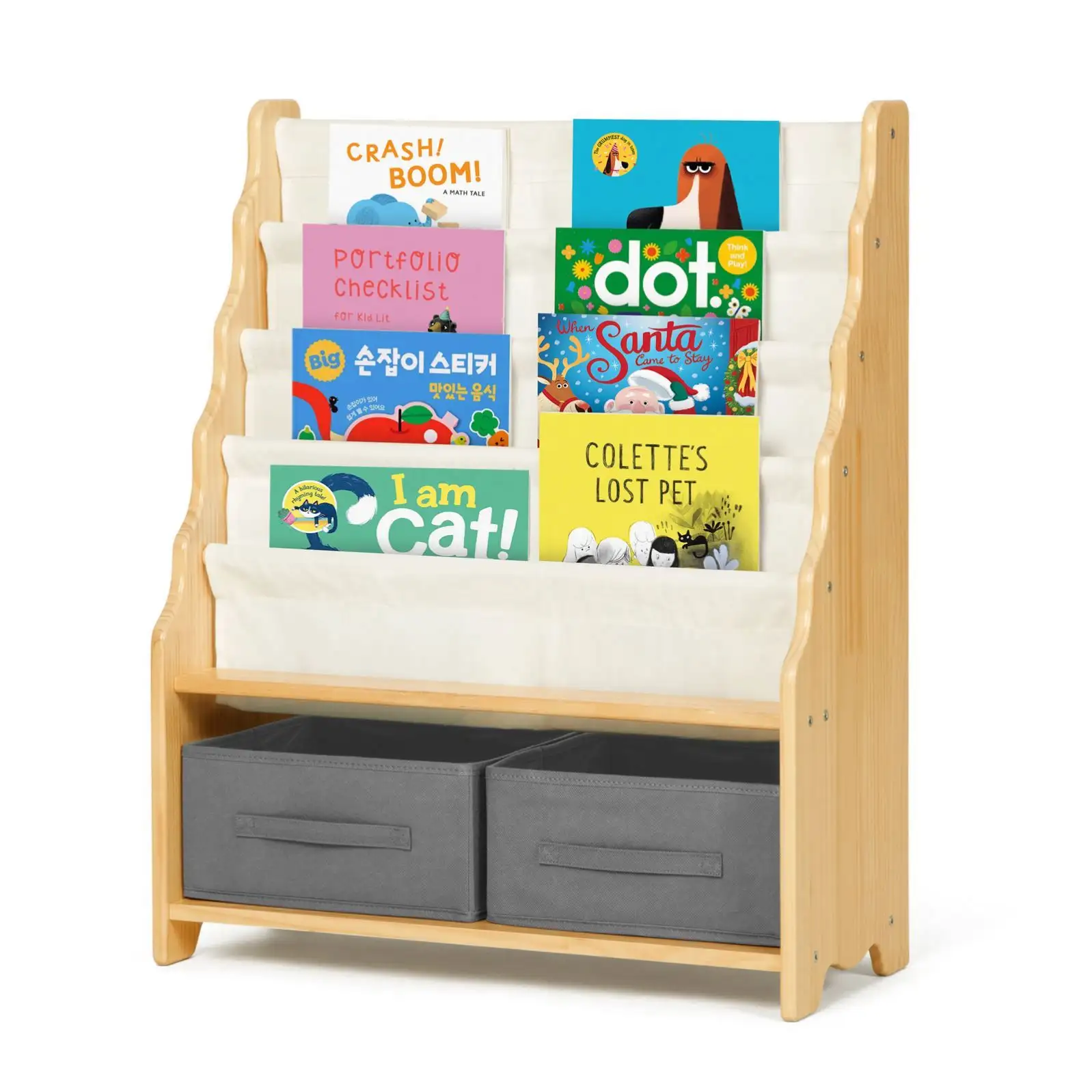 Kids Wooden and Canvas bookshelf With Cabinet Storage Montessori bookcase Book Rack for Children