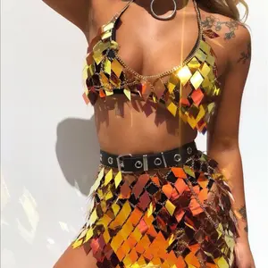 Sexy Hollow Out Mini Skirt Summer Sequins Lady Outfits Halter V-Neck Backless Camis Fashion Rave Festival Body Chain Set