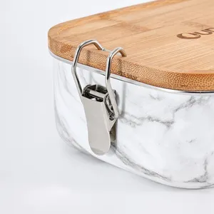 Caixa de almoço de metal para crianças, recipiente de aço inoxidável com tampa de bambu