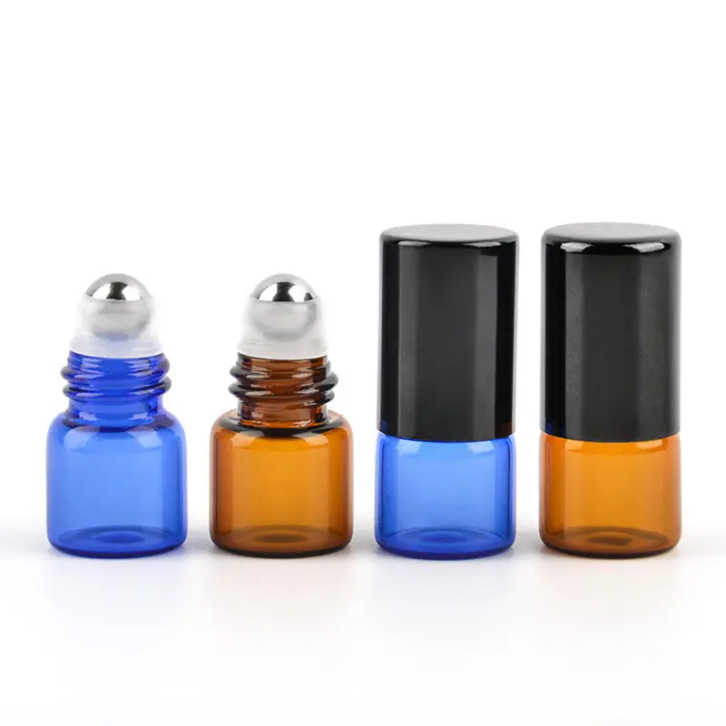 En stock vacío mini botella de vidrio de rodillo para perfume azul ámbar 1mL rollo en botella de aceite con tapa negra