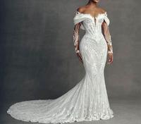 Gaun pengantin modern high-end model off-shoulder berenda lengan panjang, rok tutu ekor ikan elegan, ukuran besar, ekor pendek, S4553L