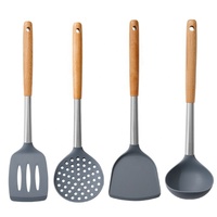 Set Peralatan Masak Silikon Gagang Kayu, Spatula Silikon Anti Panas Tahan Panas, Sendok Pengaduk Anti Lengket