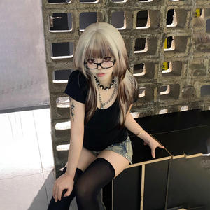 Perruque longue et droite dégradée blond platine avec frange latérale, ligne de cheveux naturelle, Lace Front, fibre Kanekalon, pour femme, tête entière - Product Image 4