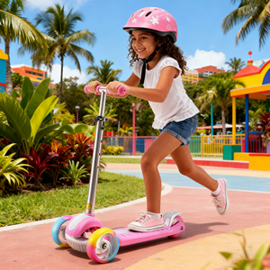 Adjustable Height Folding <strong>Green</strong> pink Girls Flashing Light up Steel 3-wheeler Kick <strong>Scooter</strong> with Helmet Kit - Product Image 1
