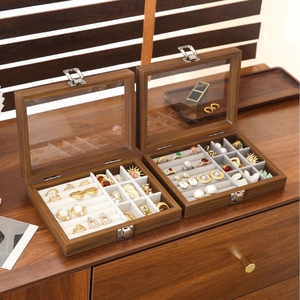 Boîte de rangement pour bijoux, en bois de noyer exquis avec couvercle en verre transparent, anti-poussière, grande capacité, pour bijoux à clous, bagues et - Product Image 3
