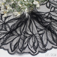 Bordure en dentelle de luxe avec perles et broderie, 17 cm, en filet noir doux, broderie florale et sequins, pour Abaya et robe de soirée haute couture