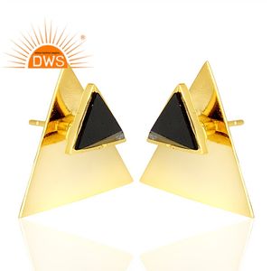 Pendientes de piedras preciosas de ónix negro, pendientes de tuerca con forma de triángulo chapado en oro y plata 925, fabricante de joyería, Colección Vintage - Product Image 2