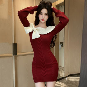 Vestido de Punto Trenzado con Bloques de Color para Mujer, Detalle de Lazo, Manga Larga, Ajuste Delgado, Vestido Suéter Casual de Moda para Dama - Product Image 5