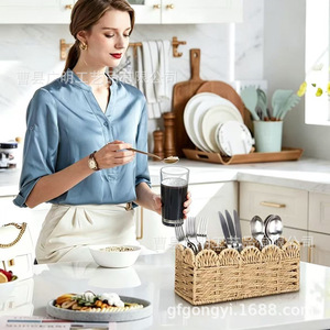 Handmade <b>Paper</b> Rope Cutlery Rack Rectangle Beige 24x8.5x10cm <b>Kitchen</b> Storage Basket For Party Tableware - Product Image 2