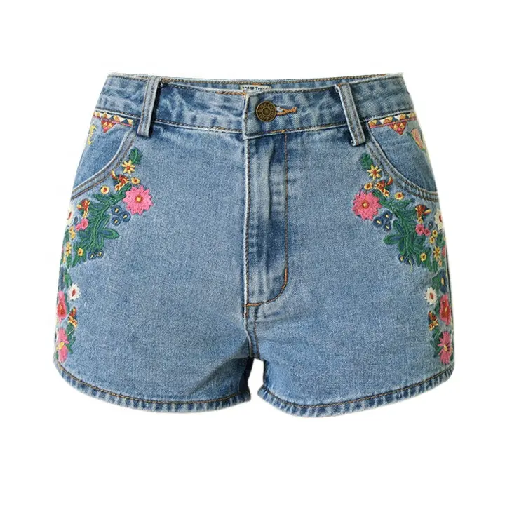 Shorts jeans bordados florais coloridos, roupa jeans feminina de verão solto calças curtas de denim