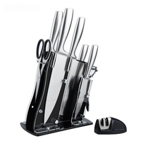 Ensemble de 9 couteaux de cuisine prêts à l'emploi, manches en acier inoxydable, bloc de rangement en acrylique, coffret cadeau, cadeau de déménagement, cadeau de fête