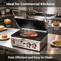 Gril de restaurant professionnel en acier inoxydable de qualité supérieure, double alimentation gaz et électrique, pour steaks, barbecues, sandwichs et paninis