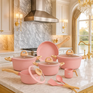Ollas y Sartenes de Alta Calidad con Asas de Madera Suaves al Tacto, Cerámica Rosa Antiadherente, Juego de Utensilios de Cocina de Aluminio Fundido a Presión - Product Image 3