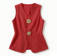 Rompi Wanita Desain Khusus Warna Merah V-Neck Tanpa Lengan dengan Kancing Bunga Dekoratif, Slim Fit, Elegan, Kasual, untuk Pakaian Bisnis