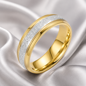 Bague JLM moderne bicolore or et argent, en acier inoxydable sablé givré, bijoux de mariage de luxe en gros - Product Image 1