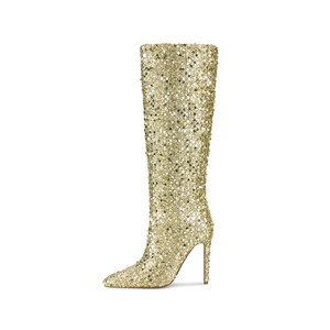 WETKISS Elegant Signature Sequined Dance Catwalk Stiletto Beaded Black Gold para mujer Botas hasta la rodilla - Product Image 5
