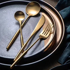 Wedding Cutleries Spoon Set Portugal Stainless Steel Black Color Plated Flatware Set Gold Cutlery Service for 6