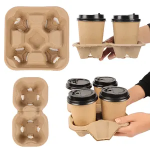 Recyclable Takeaway 2 4 Cup Carrier Disposable Clip-On Utility Coffee Drink Cup Paper Pulp Fiber Holder Tray For 8-32 oz