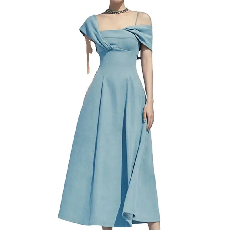 Gaun malam biru elegan seksi punggung terbuka bahu terbuka asimetris tanpa tali selutut gaun panjang untuk wanita