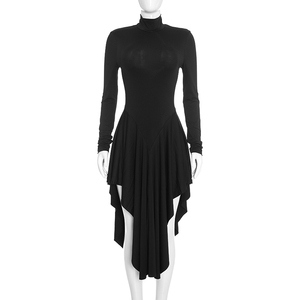 Robe de soirée pour femmes Viviblook D26DS326, nouvelle collection, couleur unie, décontractée, simple, col haut, manches longues, ourlet asymétrique, robe décontractée - Product Image 1